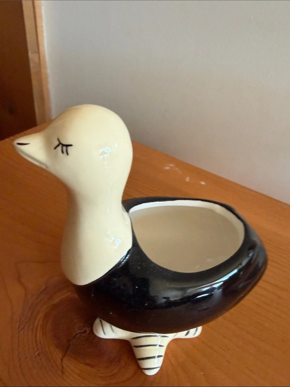 Ceramic Black and Cream Duck Figurine Planter
